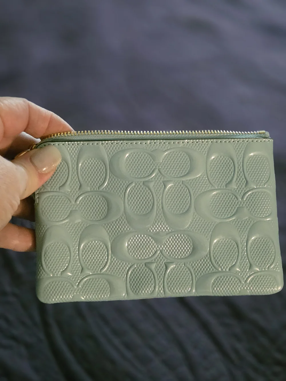 Coach Embossed Signature Leather Wristlet Pouch in Light Blue/ Cream
